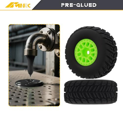 Pre Glued Wheel and Tire Plastic Rim Rubber for Arrma 1/16 Mojave Grom RC Car Upgrades Part Green - color: Green