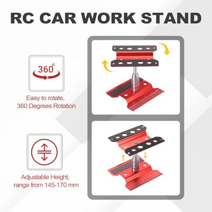 MECCANIXITY 1 Set RC Car Work Stand Lift Lower Aluminum Repair Workstation 360 Degree Rotation for 1/8 1/10 1/16 Scale RC Car Crawler Truck Vehicle (Red)