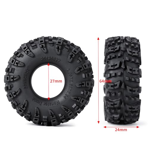 4Pcs Rubber 1.1" Crawler Mud Terrain Tires Super Grip Soft Tyre OD 64mm RC Mud Tyres Tires with Foam Inserts Compatible with 1/18 Traxxa TRX4M Redcat Ascent-18 RC Car Upgrades (Black A) - color: Black a
