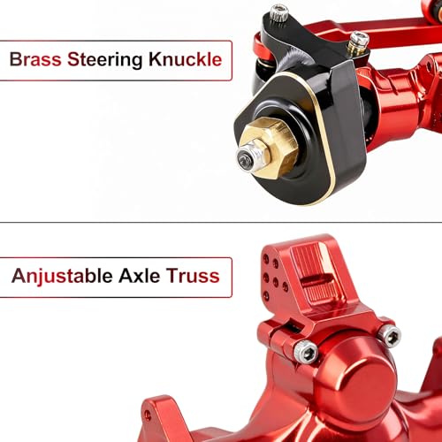 OGRC +4mm Axles with Double Joint Shaft & Brass Steering Knuckle for SCX24 | Aluminum Axle Housing, Brass Steering Knuckles, Stock 2/16T Gears, for Axial SCX24 AX24 1/24 RC Crawler, Red - color: Red