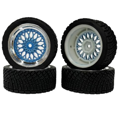 4PCS 65mm RC Rally Car Rubber Tires and Plastic Plating Wheel Rims Set 12mm Hex for 1/10 RC On-Road Rally Drift Racing Car for Tamiya HPI WR8 HSP TT02 WLtoys(Blue Silver) - color: Blue Silver