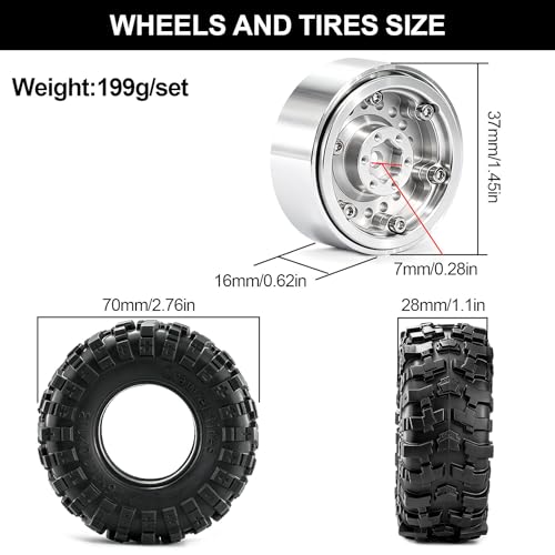 1.3" Beadlock Wheels and Tires for SCX24 TRX4M RC Crawler (Silver) | CNC Aluminum Beadlock Wheels, Ultra-Soft Sticky Rubber Tires, Built-in Foam Inserts, 70*28mm - color: Silver 368 F