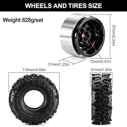 1.9" Beadlock Aluminum Wheels and 118mm Tires for SCX10 TRX4 | 12mm HEX, 0mm Offset, 47*118mm Mud Soft Rubber Tires, with Foam Inserts, 1/10 Scale RC Crawlers Upgrade parts - color: Black-3