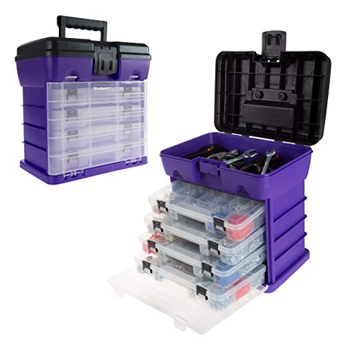 Storage and Tool Box-Durable Organizer Utility Box-4 Drawers with 19 Compartments Each for Hardware, Fish Tackle, Beads, and More by Stalwart (Purple) | With Drawers and Customizable Compartments for Hardware, Fishing Tackle Box, Beads, or Craft Supplies