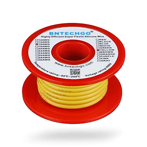 BNTECHGO 16 Gauge Silicone Wire Yellow 25ft Stranded Tinned Copper Wire | Flexible 16 AWG Stranded Wire Silicone Rubber Insulation For RC Models, Drone, Robot, Battery, EV Charger, 3D Printer, DIY - color: 16 gauge silicone wire yellow, size: silicone wir
