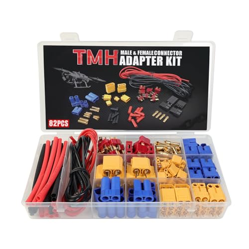 TMH 82 Pcs T-Plug EC3 EC5 XT30 XT60 XT90 Male & Female Plug Adapter Connector with Silicone Wire + Heat Shrink Tube for RC ESC Lipo Battery Motor Accessories (82 PCS) - size: 82 Pcs