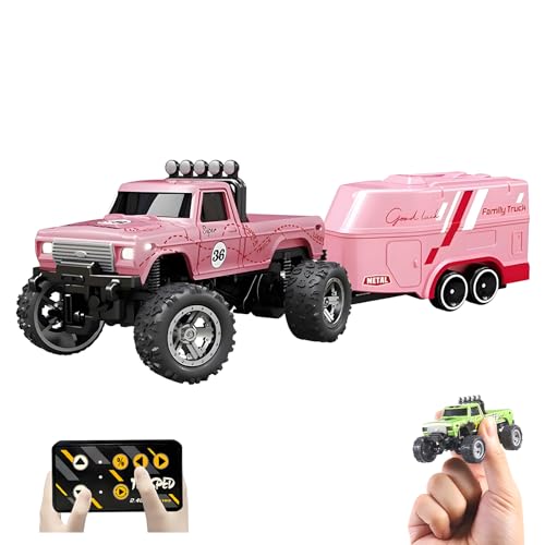 1:64 Mini RC Monster Truck with LED Lights | 2.4GHz Off-Road Remote Control Car | 3 Speed Adjustable, USB Rechargeable Alloy RC Truck for Kids & Adults Indoor/Outdoor Racing (Pink) - color: Pink