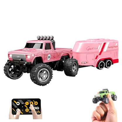 1:64 Mini RC Monster Truck with LED Lights | 2.4GHz Off-Road Remote Control Car | 3 Speed Adjustable, USB Rechargeable Alloy RC Truck for Kids & Adults Indoor/Outdoor Racing (Pink) - color: Pink