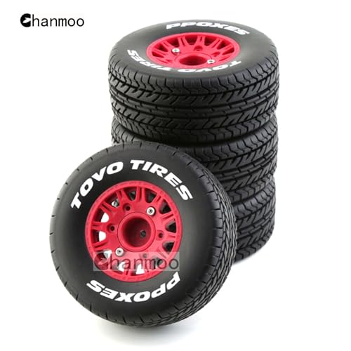 1/10 RC Short Course Truck Tires And Wheels With 12mm 14mm 17mm Hex 113mm 1/8 Rubber Tyres For 1/8 or 1/10 Scale On Road Car HSP Sonic 94102 GT PTG-2 Tamiya TT02 RC Racing Car 4PCS (Red A) - color: Red A