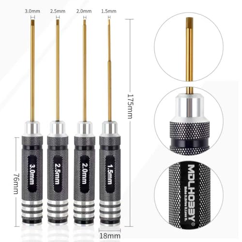 1.5mm 2.0mm 2.5mm 3.0mm Titanium Plated Ti Coated Hex Diver Set | 4PCS Hex Wrench Screwdriver Tools RC Tool Kit for RC Racing Drone, Quadcopter, Helicopter RC Car Models