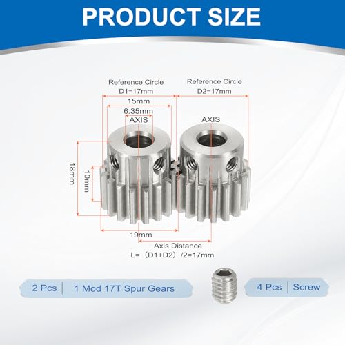 uxcell 2Pcs 1 Mod 17T Spur Gear 6.35mm Bore, 304 Stainless Steel Pinion Gear, 20°Pressure Angle, for Spur Rack and RC Model Car or Motor DIY(15mm) - size: 1 Mod 17T, 6.35mm x 15mm