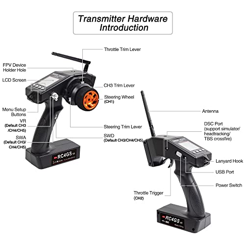 DTXMX RC4GS V3 5CH RC Transmitter & Receiver R6FG for Cars, Boats Radiolink | 5 Channels 2.4GHz Gyro Receiver | 30 Models Storage