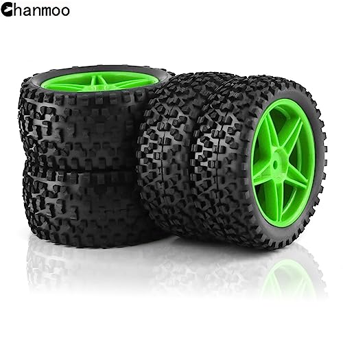 1/10 RC Off Road Tires and Wheels Rims 12mm Hex Set Front and Rear 87mm Rubber Buggy Tyres Foam Inserts for 1:10 Off-Road Car HSP Kyosho HPI Tamiya HSP 94107 94166 94106 94155 4PCS (Green) - color: Green