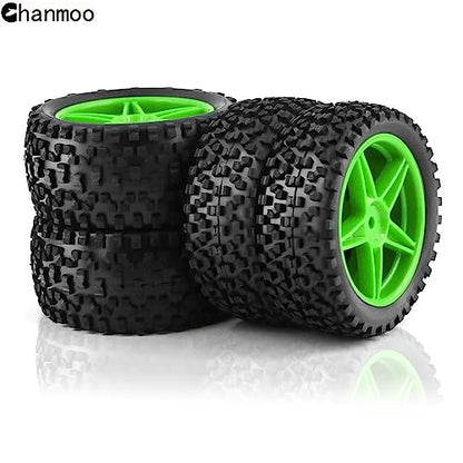 1/10 RC Off Road Tires and Wheels Rims 12mm Hex Set Front and Rear 87mm Rubber Buggy Tyres Foam Inserts for 1:10 Off-Road Car HSP Kyosho HPI Tamiya HSP 94107 94166 94106 94155 4PCS (Green) - color: Green