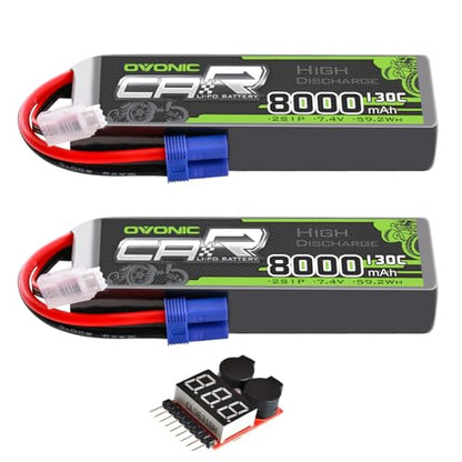 OVONIC 2S LiPo Battery 8000mAh 7.4V 130C RC Battery with EC5 Connector (2 Pack)(with Lipo Voltage Checker)