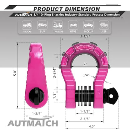 AUTMATCH D Ring Shackles 3/4" Mega Shackle (2 Pack) 68,000Ibs Break Strength - Heavy Duty Clevis Shackles with 7/8" Screw Pin and Isolator Washer for Tow Strap Winch Off Road Vehicle Recovery, Pink - color: Pink & Black