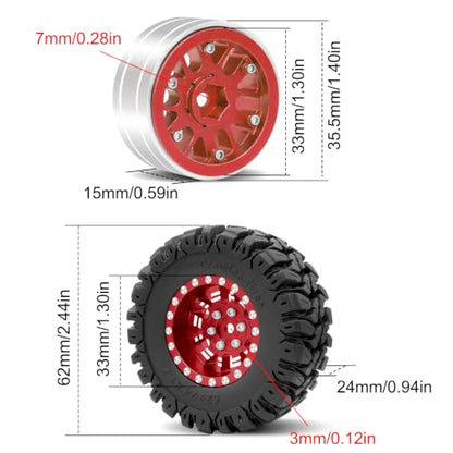 OGRC 1.3" Wheel and Tires 7mm Offset Beadlock Wheels for 1/24 1/18 RC Car | Aluminum, 7mm Hex, Soft and Sticky Tires, for TRX4M SCX24 RC Carwler Car, Red - color: Red