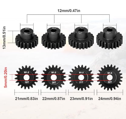 OGRC 4PCS Mod 1 Pinion Gear Hardened Steel 5mm Motor Shaft Gear Set 19T 20T 21T 22T M1 Pitch Gears for 1/8 1/10 RC Car