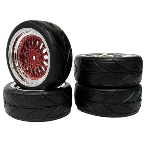 4PCS 64mm RC On Road Rubber Tires and Plastic Plating Wheel Rims Set Replacement Part for 1/10 RC Run-flating Touring Racing Drift Car Tyre(Red Silver,Offset:3mm) - color: Red Silver, size: Offset:3mm