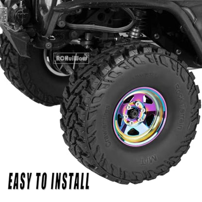 RC Alloy 1.9" Beadlock Wheels and Tires for 1/10 RC Crawler TRX4 SCX10 SCX10 III 90046 D90,1.9 RC Wheels and Tires 1.9 Beadlock Tires RC Rims,4 Packs,Rainbow - color: Rainbow(4pcs)