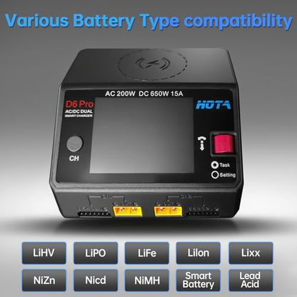 Lipo Battery Charger RC Battery Charger HOTA D6 Pro Smart Charger Dual Channel 15A AC200W with Balance Phone Wireless Charging BoatDC650W for Lipo LiHv Nicd NiMH - color: black