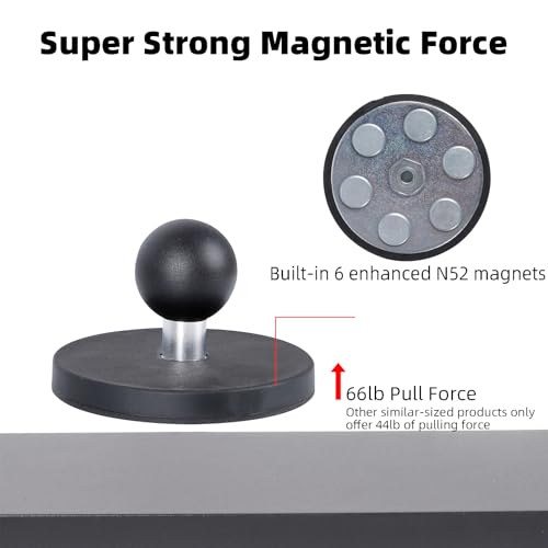 66mm Diameter Round Heavy-Duty Magnetic Base Mount for RAM Mounts | 66 lb Magnetic Force, 1" Rubber Ball & Short Aluminum Alloy Double Socket Arm, Universal 1-inch ball mounting system
