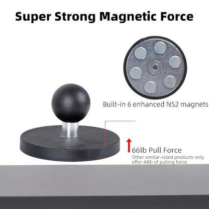 66mm Diameter Round Heavy-Duty Magnetic Base Mount for RAM Mounts | 66 lb Magnetic Force, 1" Rubber Ball & Short Aluminum Alloy Double Socket Arm, Universal 1-inch ball mounting system