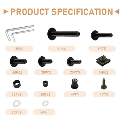 177PCS Motorcycle Fairing Bolt Kit, M5 M6 Stainless Steel Motorcycle Windscreen Screws Fasteners Fairing Bolts Nut Clips Kits, Universal Fairing Bolts Nut Clips Kit for Most Motorcycles