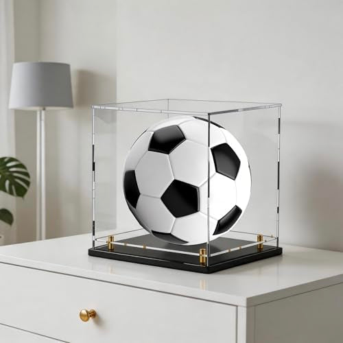 Acrylic Display Case with Raised Shelf & Ball Holder, Clear Display Box with Black Base & Gold Standoffs, Dustproof Showcase for Fullsize Football Soccer Volleyball – Easy Assembly (10×10×10 Inch) - size: 10"L x 10"W x 10"H (with Ball Position)