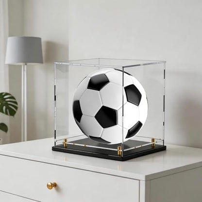 Acrylic Display Case with Raised Shelf & Ball Holder, Clear Display Box with Black Base & Gold Standoffs, Dustproof Showcase for Fullsize Football Soccer Volleyball – Easy Assembly (10×10×10 Inch) - size: 10"L x 10"W x 10"H (with Ball Position)