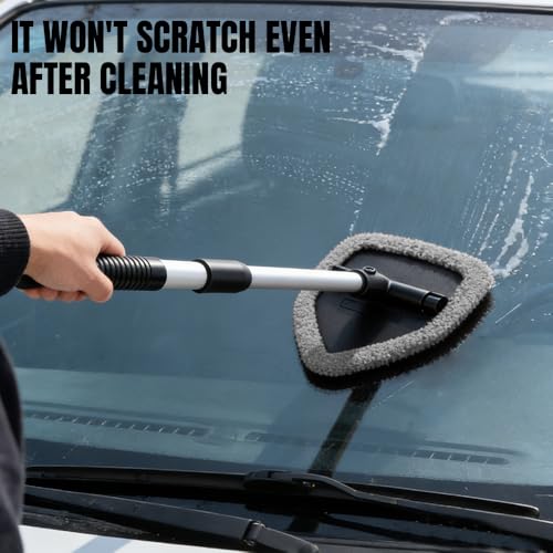Windshield Cleaner Tool, Windshield Cleaning Tool, Car Window Detailing Cleaning Kit with Extendable Handle and Reusable Microfiber Pads, Auto Glass Wiper Brush for Car Office Home (Grey) - color: Grey