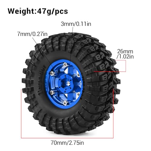 1.3" Wheels and Tires 70mm (2.76in) for SCX24 TRX4M 1/18 1/24 RC Crawler Upgrade Parts (Blue, 4Pcs) - color: blue-3