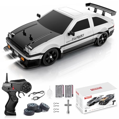 Remote Control Car RC Drift Car 1:16 Scale 4WD 18KM/H High Speed Model Vehicle 2.4GHz with LED Lights Spray Rubber Tire Racing Sport Toy for Adults Boys Girls Kids Gift 2Pcs Rechargeable Batteries - color: A-white