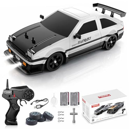 Remote Control Car RC Drift Car 1:16 Scale 4WD 18KM/H High Speed Model Vehicle 2.4GHz with LED Lights Spray Rubber Tire Racing Sport Toy for Adults Boys Girls Kids Gift 2Pcs Rechargeable Batteries - color: A-white