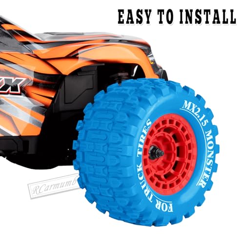 100 * 52MM 1/16 RC Monster Truck Tires 12mm Hex Adapters All-Terrain Traction Tires fit for Mini Maxx/Mini XRT, MJX 16207/16208/16209/16210,HSP 94186,E-Revo,L0S1,1/18 Mini LMT,Blue&Red - color: Blue&red(4pcs)