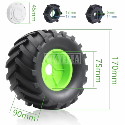 4PCS 1/8 Scale RC Monster Truck Rubber Tire w/17mm Hex Plastic Wheel Rim 173mm/91mm Rubber Rocks Tyres Set Fit for 1/8 Traxxas Sledge 95076-4 Arrma Kraton 6S Typhon 3S HSP HPI Redcat Kaiju - color: 1/8 Green