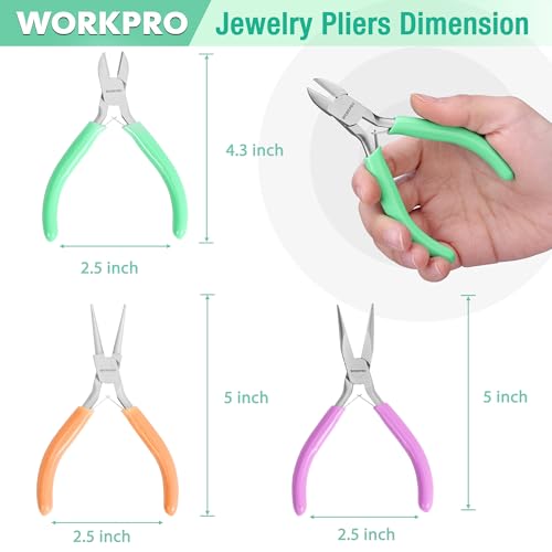 WORKPRO Jewelry Pliers Set, 3-Piece Mini Jewelry Tool Kit | Needle Nose Plier/Chain Nose Plier, Round Nose Pliers & Wire Cutter for Jewelry Making, Beading & Wire Wrapping - color: Light Purple, Light Green, Orange