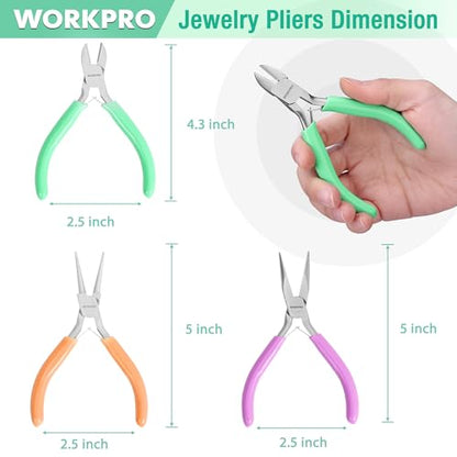 WORKPRO Jewelry Pliers Set, 3-Piece Mini Jewelry Tool Kit | Needle Nose Plier/Chain Nose Plier, Round Nose Pliers & Wire Cutter for Jewelry Making, Beading & Wire Wrapping - color: Light Purple, Light Green, Orange