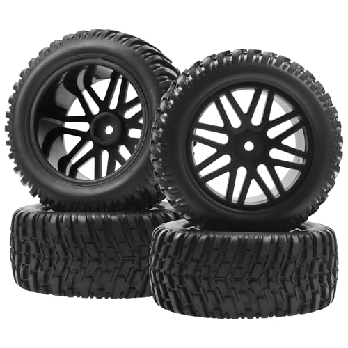 OD 96mm RC Off Road Short Course Truck Tire w/Plastic Rim 12mm Hex Compatible with 1/10 Scale Buggy Car HSP 94170 94155 Wltoys 1/14 144001 124019 RC Car (Black) - color: Black
