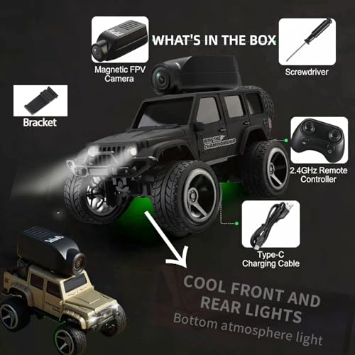 1:64 Scale 4WD Alloy Mini RC Crawler Car with FPV Camera, 2.4GHz RTR Off-Road Mini Desktop RC Drift Car with LED Lights, Adjustable Speed Dual Mode, Model Vehicle Toy Gift for Adults Kids - color: Black