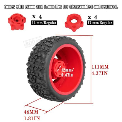 Rc Truck Tires 12mm/14mm/17mm Hex RC Wheels Tires for 1/10 Slash 4×4 2WD,Arrm a Senton,Axia1 Redca t Rc 4wd,w/RC Wheels Hex Detachable Replace Running on Off-Road Tire,Red - color: Red