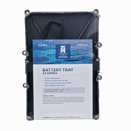 T-H Marine Narrow Battery Tray Holder with Poly Strap – Space Saving NMMA Certified Battery Tray with Recessed Mounting Wells for Marine, RV, and Trolling Motor Installations – Group 24, 10-5/8" x 7"