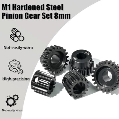 M1 8mm Steel Pinion Gear Set 14T 16T 18T 20T 22T with Laser-Engraved Tooth Count for 1/5 X-Maxx Rc Model Car Buggy Truck Replacement Mod 1 Gear Compatible with Brushed & Brushless Motors 5 Pcs - size: M1-8-14T-16T-18T-20T-22T