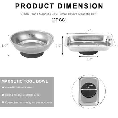 2 PCS Magnetic Parts Tray Set, Stainless Steel 3.6"×2.5" Square and 3" Round Magnetic Trays, Mechanic Tool Tray Holder for Screw, Sockets, Bolts, Nuts, Small Metal Parts - color: 3.6"×2.5" Square+3" Round