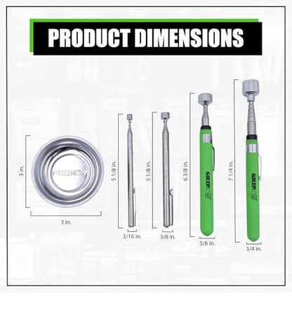 Grip 5 pc Magnetic Tool Set - 2 lb, 5 lb, 15 lb Telescopic Pickup Tools, 3" Magnetic Parts Tray - Stainless Steel