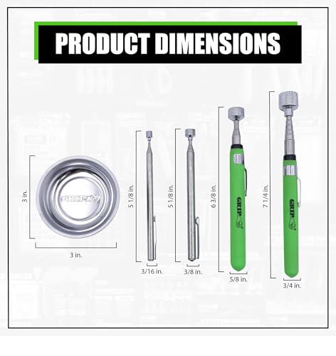 Grip 5 pc Magnetic Tool Set - 2 lb, 5 lb, 15 lb Telescopic Pickup Tools, 3" Magnetic Parts Tray - Stainless Steel