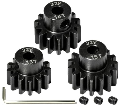 3PCS 32P Pinion Gear #45 Hardened Steel 3.175mm - 13T 14T 15T 0.8M Motor Pinion Gear Set for 1/10 RC Car, Compatible with Traxxas Arrma Tamiya Losi Brushless Brushed Motor Upgrade Parts - size: 13 14 15T