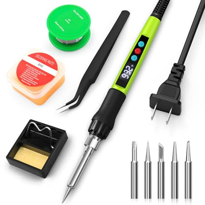 Soldering Iron Kit, 100W Soldering Gun with LED Digital Display, Adjustable Temperature 356-932℉ Solder Kit for Electronics, Includes Soldering Iron Tip, Solder Wire, Stand, Tweezers and Paste, Green - color: Green