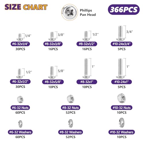 366Pcs #6-32#8-32#10-24 Machine Screw Kit 304 SS, Nuts & Washers | Pan Head #6-32x1/4",1/2"; #8-32x3/8",1/2",5/8",1"; #10-24x3/4",1", Rust Resistant, For Switch Plates & DIY,Storage Case Incl - size: #6-32#8-32#10-24