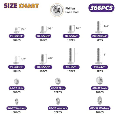366Pcs #6-32#8-32#10-24 Machine Screw Kit 304 SS, Nuts & Washers | Pan Head #6-32x1/4",1/2"; #8-32x3/8",1/2",5/8",1"; #10-24x3/4",1", Rust Resistant, For Switch Plates & DIY,Storage Case Incl - size: #6-32#8-32#10-24